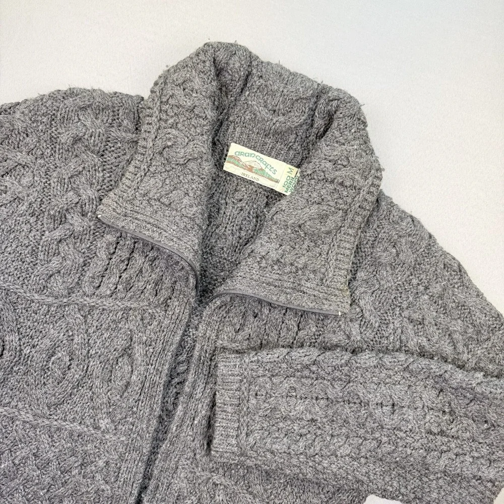 Aran Crafts Merino Wool Cable Knit Full Zip Cardigan Sweater Ireland Sz M Gray - Picture 1 of 11